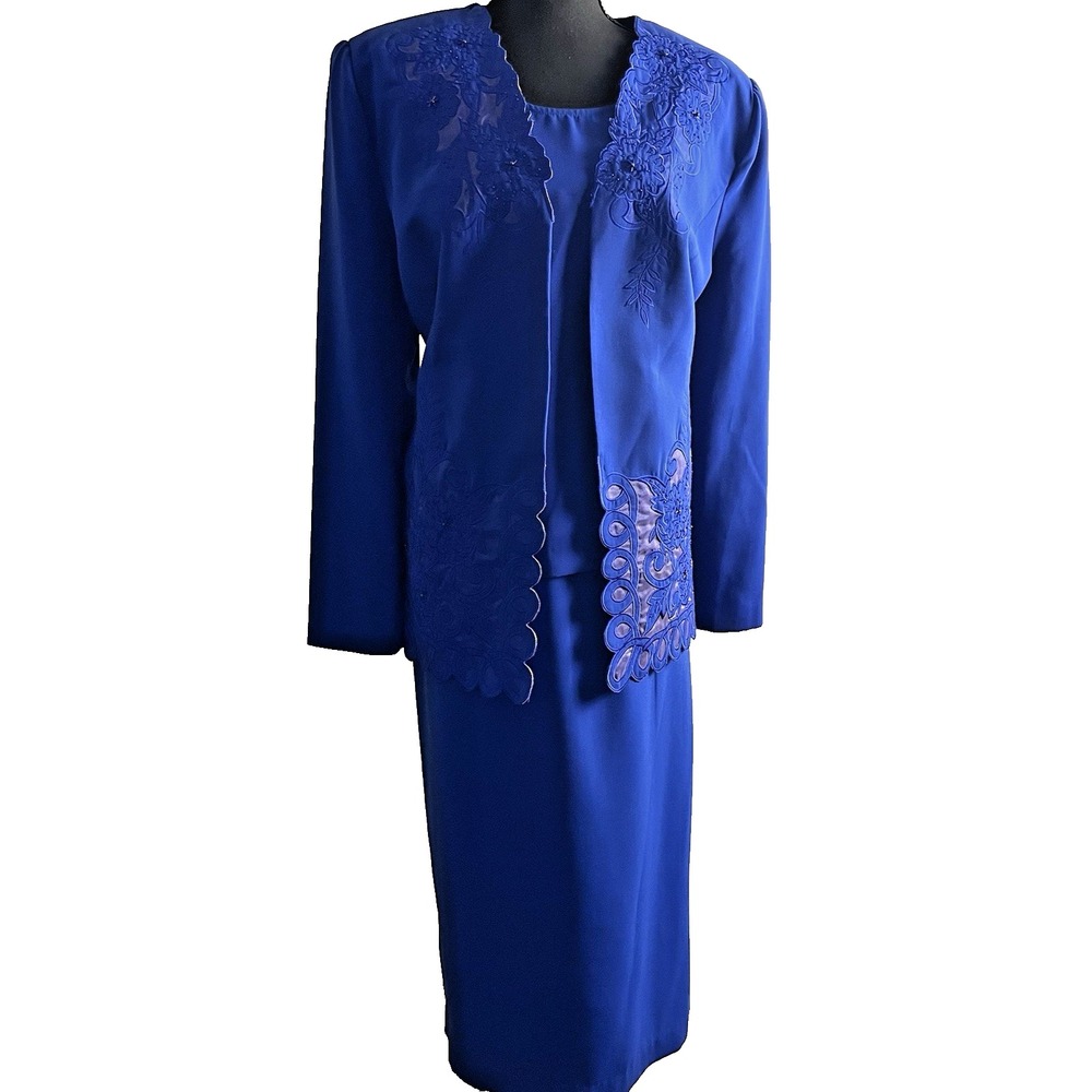 Vintage Justin Taylor Royal Blue 3-Piece Skirt Suit Size 14‎ Embellished Formal